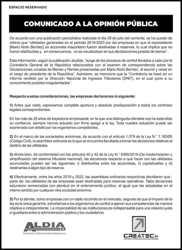 Comunicado de ALDIA S.A. y CREATEC S.A. a la opinión pública - Espacio Reservado - ABC Color