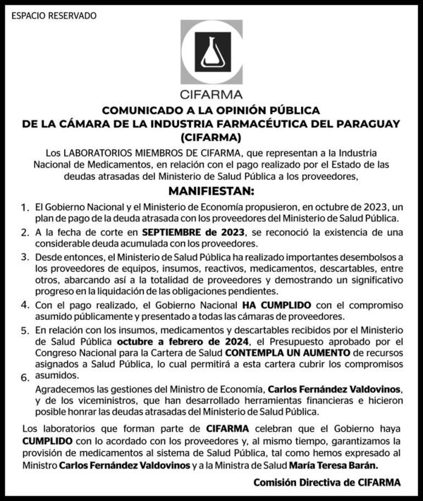 Comunicado a la opinión pública de la Cámara de la Industria Farmacéutica del Paraguay (Cifarma) - Espacio Reservado - ABC Color