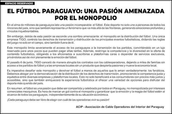 Espacio reservado: El fútbol paraguayo: una pasión amenazada por el monopolio - Espacio Reservado - ABC Color