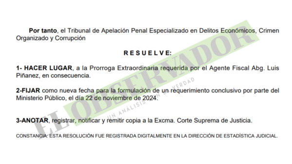 Extienden plazo para presentar requerimiento conclusivo en causa a asistente fiscal por pedido de coima