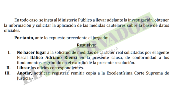 Juez advierte a Fiscal que debe solicitar aplicación de medidas cautelares sobre la base de datos oficiales