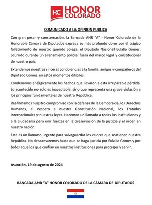 Bancada de Honor Colorado expresa condena y exige justicia tras la muerte del diputado Eulalio Gómez - El Trueno