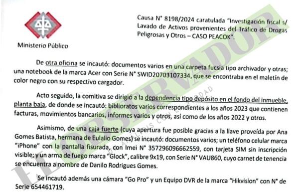 De caja fuerte de empresas de Lalo incautaron documentos varios, celular y arma de fuego
