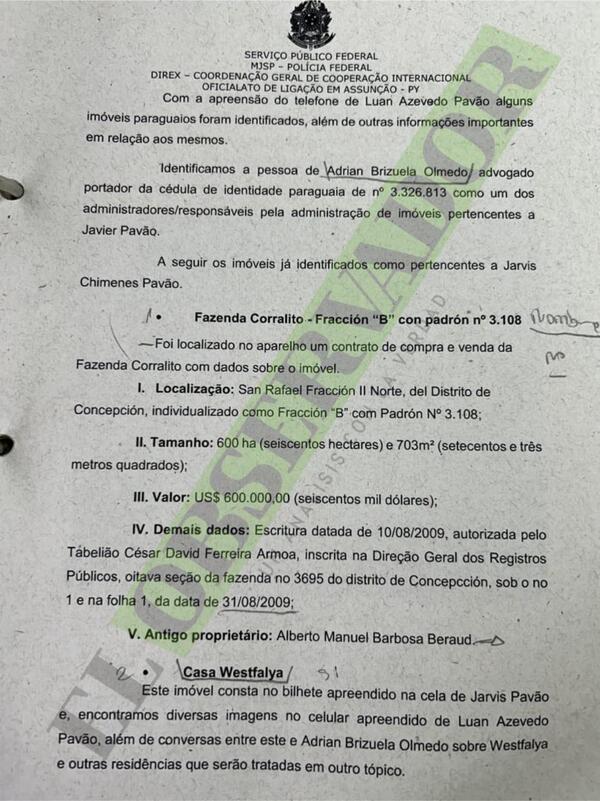 Documento remitido por Policía Federal del Brasil respecto a Pavao, testaferros y vínculos