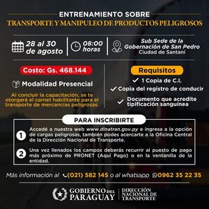 Capacitación para transporte de productos peligrosos organiza la DINATRAN en Santaní - .::Agencia IP::.
