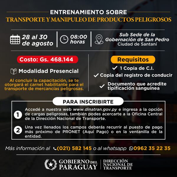 Capacitación para transporte de productos peligrosos organiza la DINATRAN en Santaní - .::Agencia IP::.