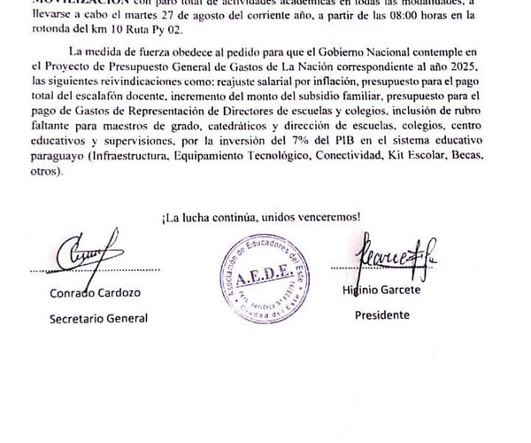 Docentes anuncian paro total para el 27 de agosto