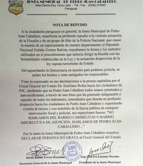 Nota de Repudio: Un llamado a la Justicia y a la Dignidad Ciudadana en Pedro Juan Caballero