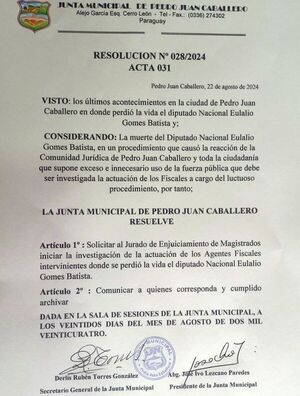 Junta Municipal de Pedro J. Caballero solicita al JEM investigar la actuacion de los Agentes Fiscales intervinientes donde perdio la vida