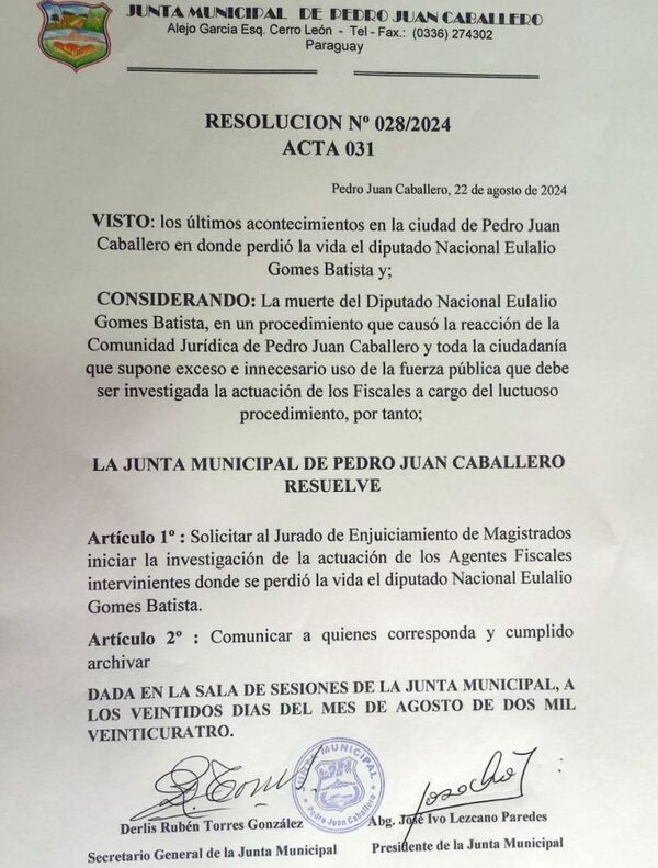 Junta Municipal de Pedro J. Caballero solicita al JEM investigar la actuacion de los Agentes Fiscales intervinientes donde perdio la vida