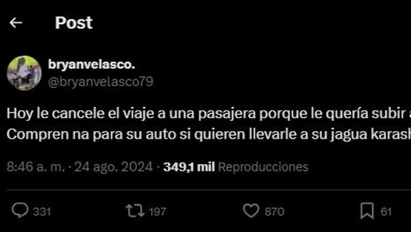 Chofer de Bolt rechaza jagua karasha y lo contó en redes