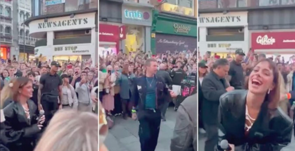 ¡Mañamí! Tini Stoessel y Chris Martin de Coldplay cantaron en la calle