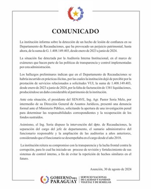 Senave presenta denuncia penal por lesión de confianza en su Departamento de Recaudaciones - .::Agencia IP::.