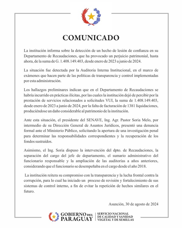 Senave presenta denuncia penal por lesión de confianza en su Departamento de Recaudaciones - .::Agencia IP::.
