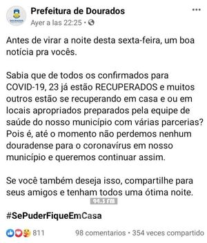Municipalidad de Dourados MS publica con optimismo recuperación de confirmados para COVID 19 - Oasis FM 94.3