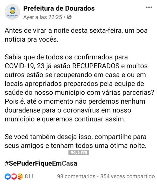 Municipalidad de Dourados MS publica con optimismo recuperación de confirmados para COVID 19 - Oasis FM 94.3