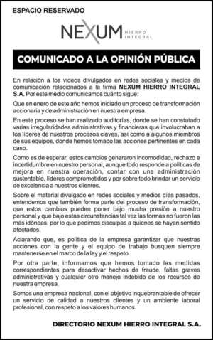 Comunicado a la opinión pública de Nexum Hierro Integral S.A. - Espacio Reservado - ABC Color