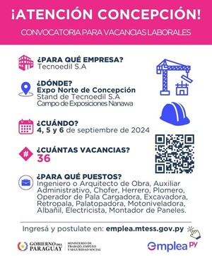 Convocan a interesados en postularse a puestos laborales para obras de Paracel en Concepción - .::Agencia IP::.