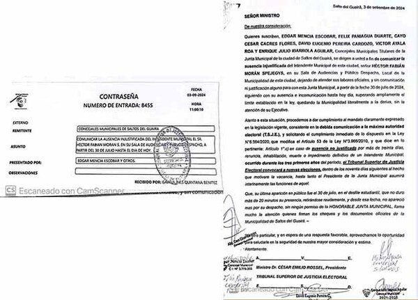 Ediles comunicaron a la Justicia Electoral la ausencia injustificada del intendente municipal de Saltos del Guairá | DIARIO PRIMERA PLANA