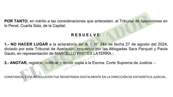 Cámara rechazó aclaratoria del fallo que anuló el sobreseimiento de Marcello Fretes