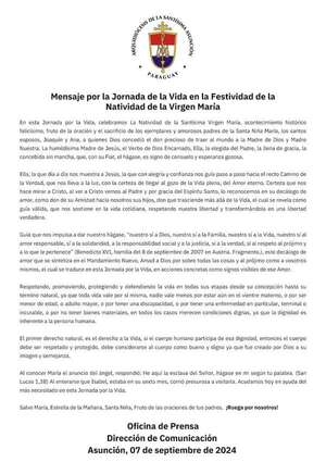 En la víspera de la Natividad de la Virgen, la Iglesia pide respetar la vida “en todas sus etapas” - Nacionales - ABC Color