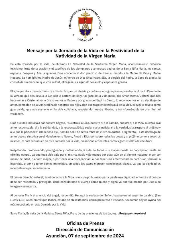 En la víspera de la Natividad de la Virgen, la Iglesia pide respetar la vida “en todas sus etapas” - Nacionales - ABC Color