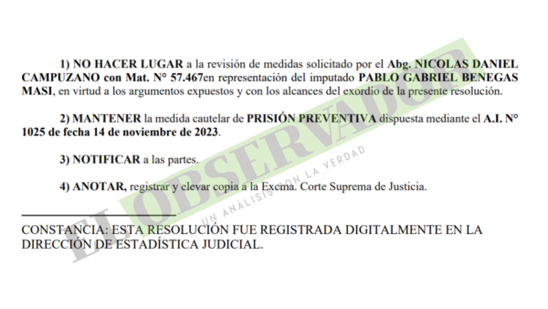 Pablo Benegas continuará en prisión por riesgo de obstrucción
