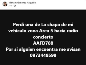Denuncian extravío de chapa en Franco