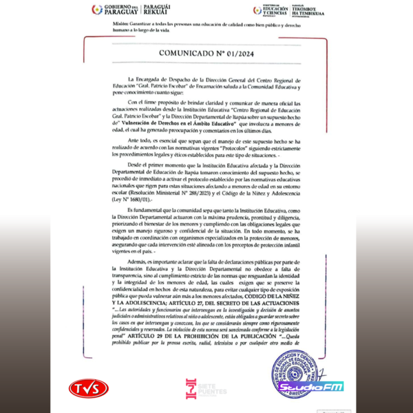 EL CENTRO REGIONAL DE EDUCACIÓN DE ENCARNACIÓN EMITE COMUNICADO OFICIAL SOBRE SUPUESTO CASO DE VULNERACIÓN DE DERECHOS - TVS