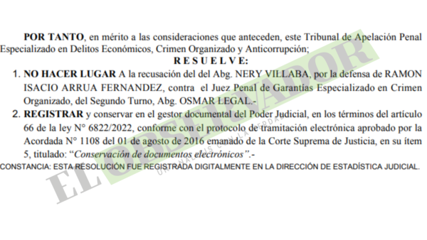 Cámara no hace lugar a recusación a juez Legal por falta de hechos sustentables