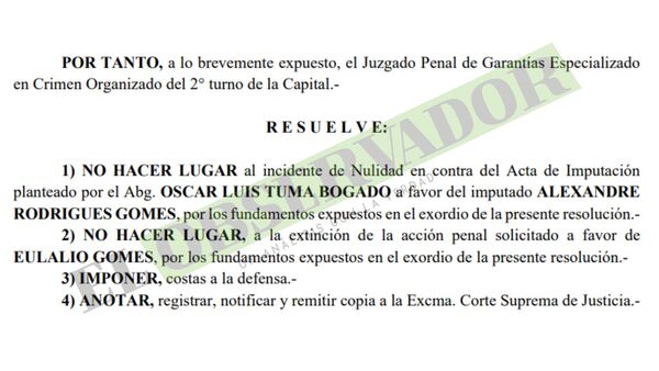 Imputación a Alexandre Gomes reúne todos los requisitos formales, afirmó juez