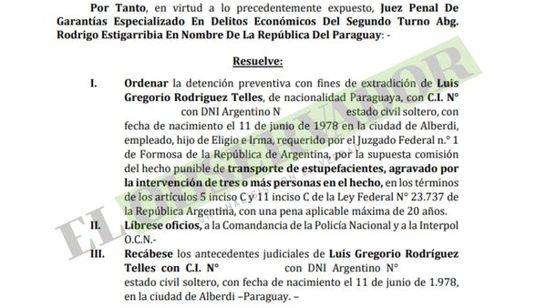 Ordenan detención con fines de extradición de compatriota buscado en Argentina por narcotráfico