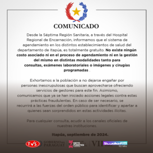“OFRECEN” TURNOS PARA EL HOSPITAL REGIONAL DE ENCARNACIÓN - TVS