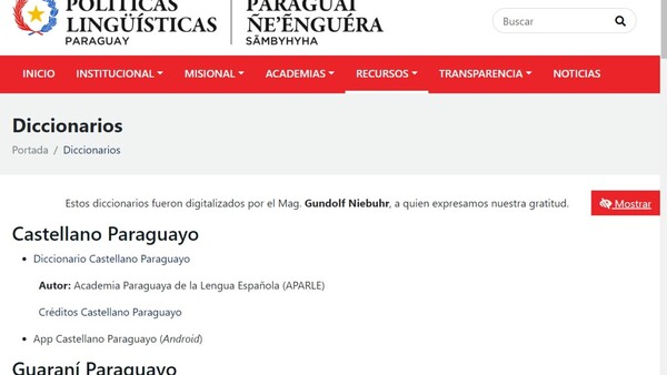 Gobierno paraguayo ofrece diccionarios de guaraní, español y otros recursos en línea
