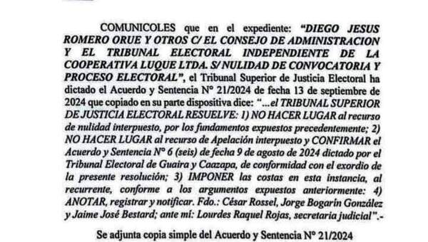 TSJE autoriza asamblea en la Cooperativa Luque •