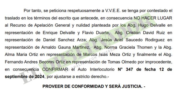 Fiscalía rechaza estado de indefensión a Tomás Olmedo y pide no hacer lugar a Apelación General