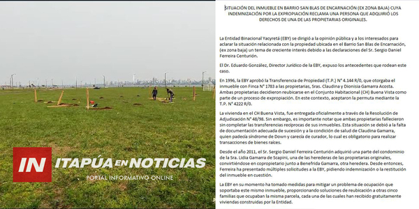 EBY EMITIÓ COMUNICADO SOBRE TERRENOS AFECTADOS EN ENCARNACIÓN - Itapúa Noticias