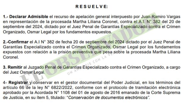 Cámara confirma prisión preventiva de funcionaria de Dinac investigada por complicidad en intento de tráfico de cocaína