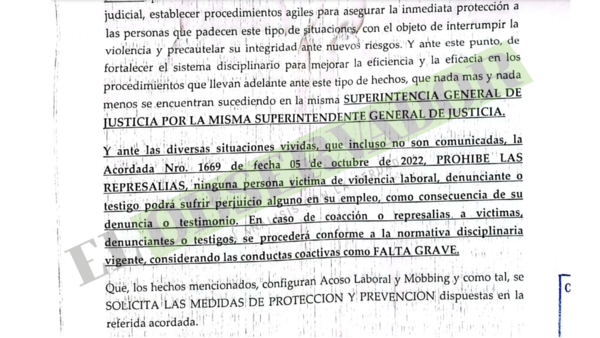 Denuncian a superintendenta General de Justicia por hostigamiento y acoso laboral
