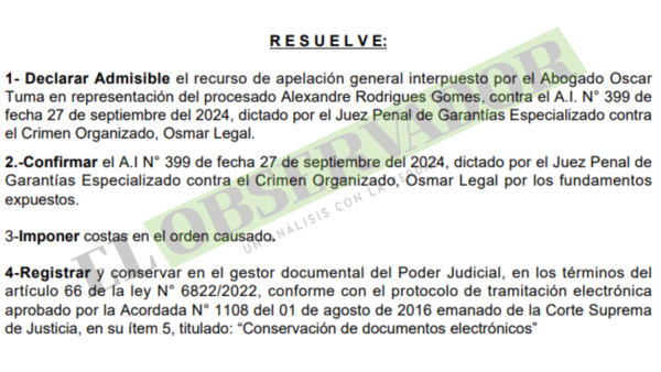 Cámara reconoce arraigo de Alexandre Rodrigues pero no varía prisión por expectativa de pena