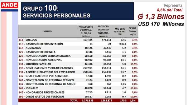 PGN 2025: ANDE destinará US$ 170 millones a gastos salariales - Economía - ABC Color