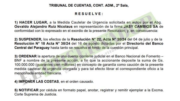 Tribunal de Cuentas levanta clausura de Jasy Cambios, dispuesta por BCP