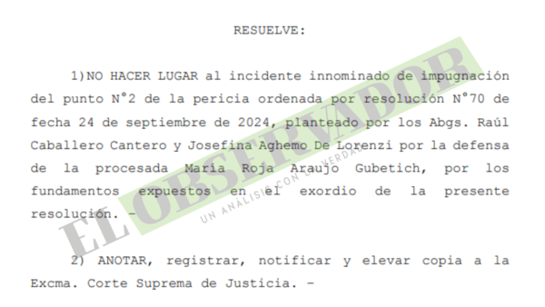 Pericia contable no vulnera derecho a la defensa de esposa de Gubetich y se rechaza incidente innominado