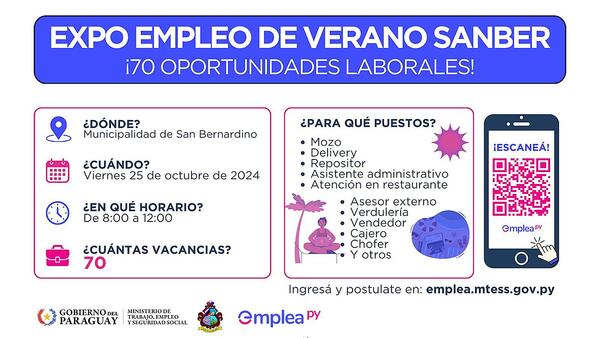 Empleo de Verano: 70 oportunidades laborales en Cordillera y Central • PARAGUAY TV