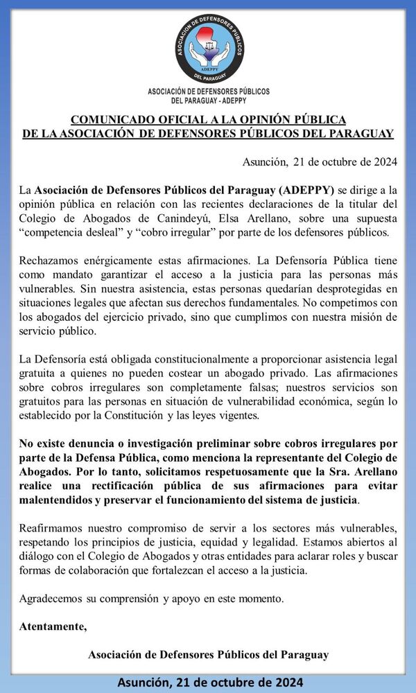 Defensores públicos rechazan la existencia de la “competencia desleal”