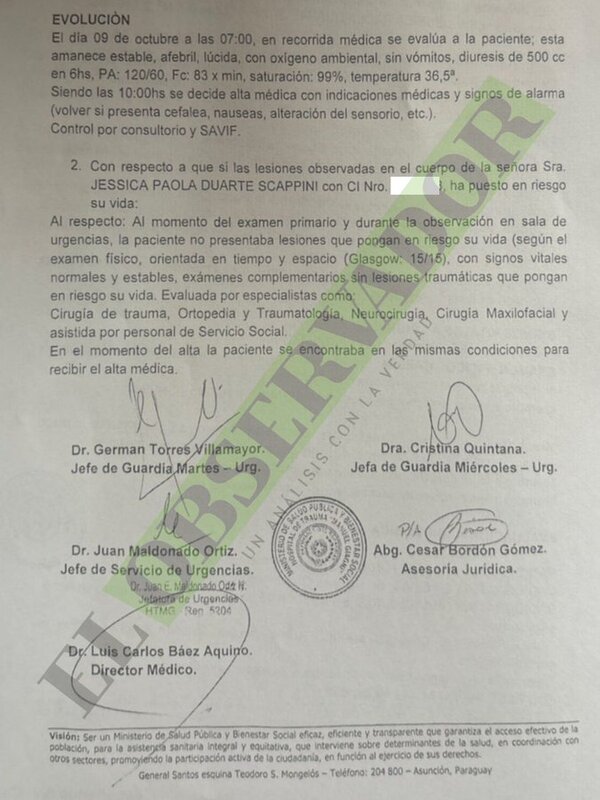 Jessica Duarte: Informe observó hematomas pero no lesiones que hayan puesto en riesgo su vida