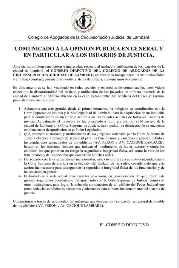 Colegio de Abogados de Lambaré califica de “maliciosas” las críticas contra la nueva sede judicial y respalda la mudanza