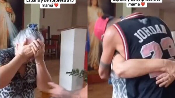 Llegó de España y sorprendió a su mamá mientras rezaba en la Iglesia