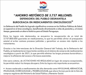 Ahorro histórico de 5.757 Millones: Defensoría desmantela burocracia en medicamentos oncológicos.