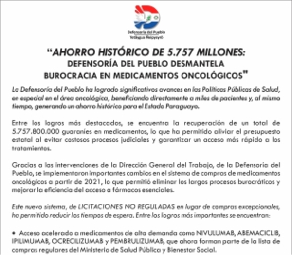 Ahorro histórico de 5.757 Millones: Defensoría desmantela burocracia en medicamentos oncológicos.